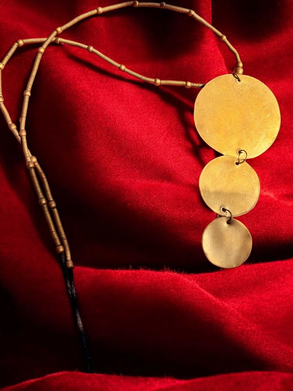 Tri-Disc Pendant Long Chain Brass Necklace