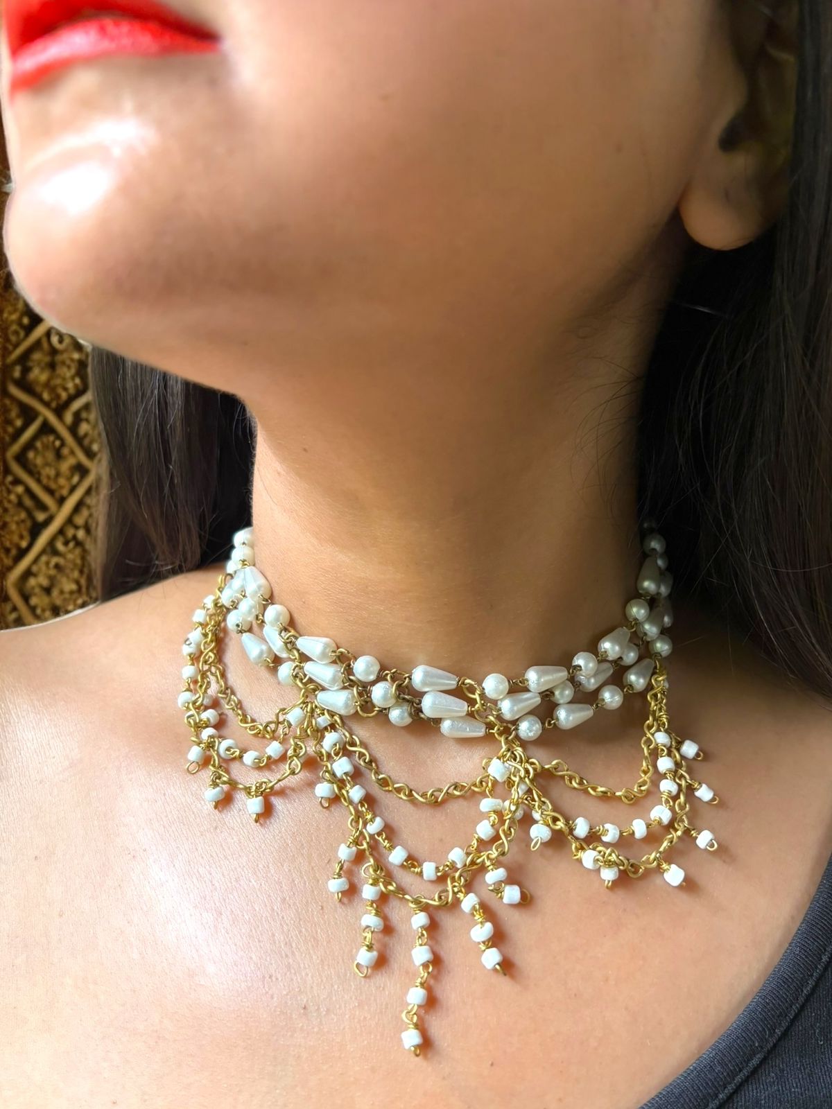 Queen Elizabeth Crystal and Brass Statement Choker Necklace - White