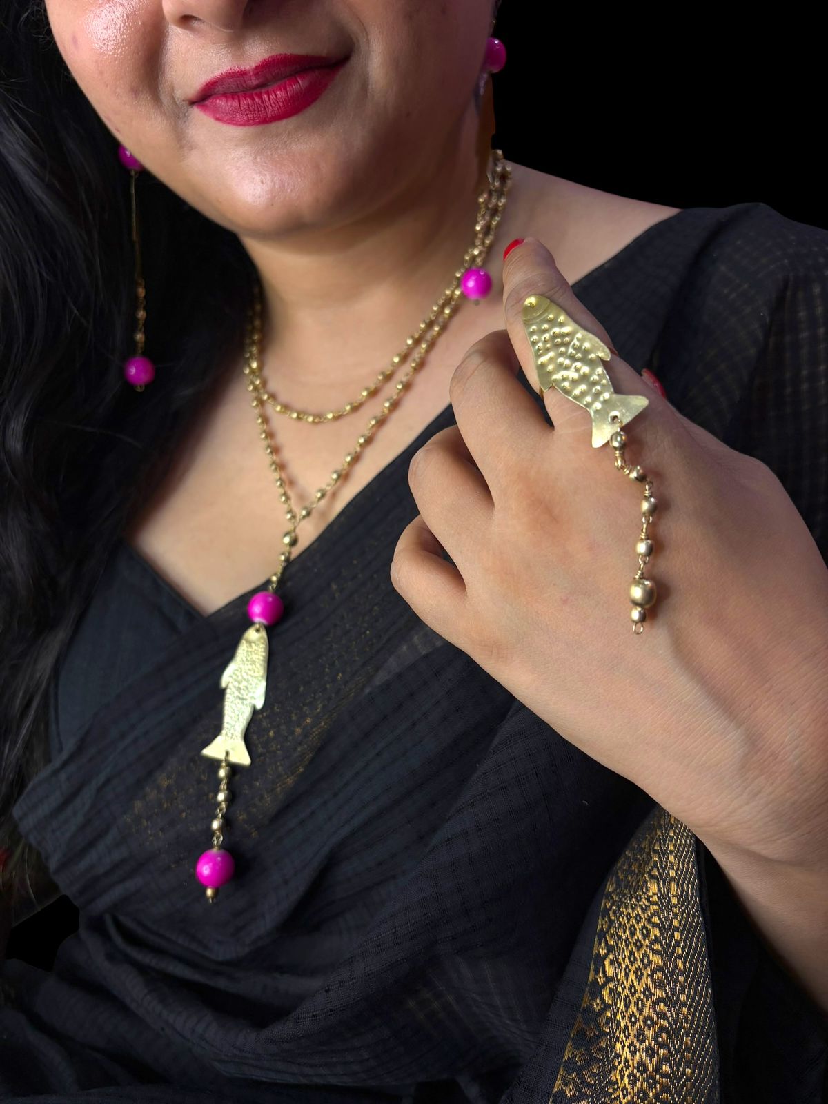 Fishy Pink Beaded Brass Pendant Necklace Jewelry Set (Necklace, Earrings, Ring)