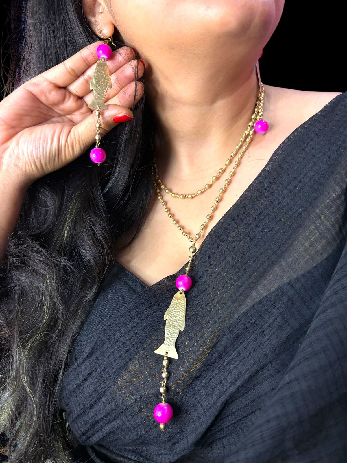 Fishy Pink Beaded Brass Pendant Necklace Jewelry Set (Necklace, Earrings, Ring)
