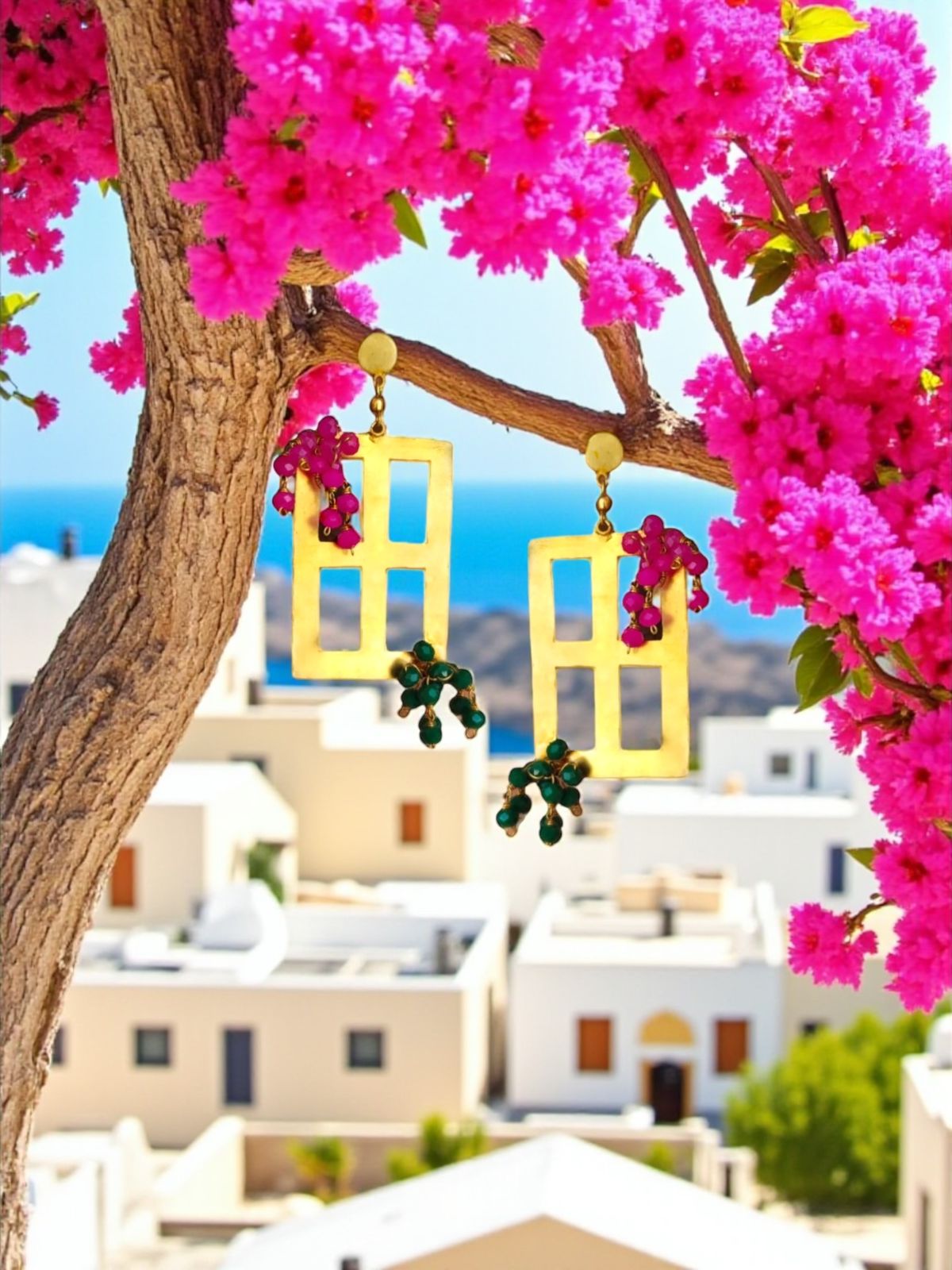 Window in Greece Crystal and Brass Dangler Earrings