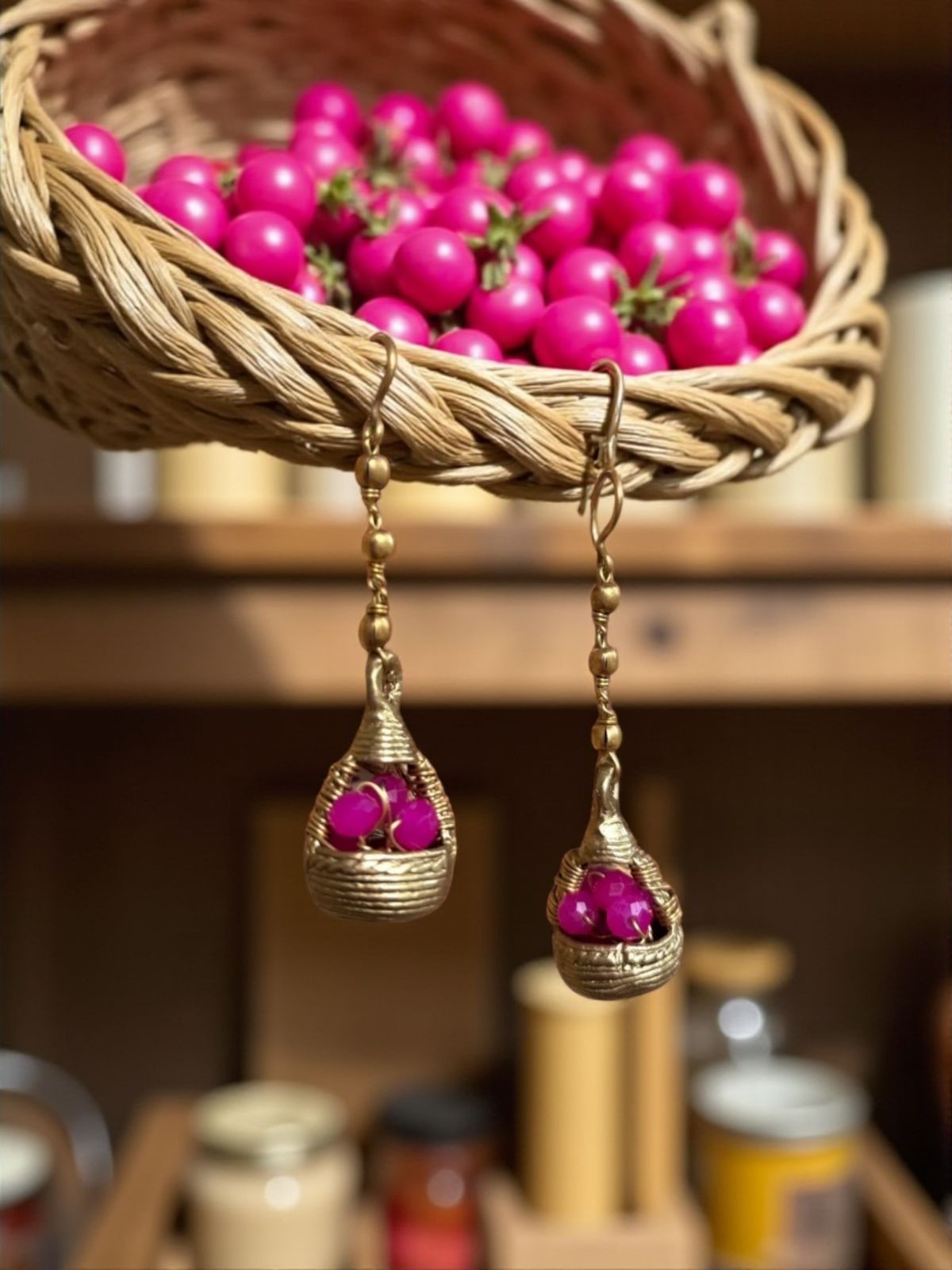Pink Grapes Basket Dokra Crystal and Brass Dangler Earrings