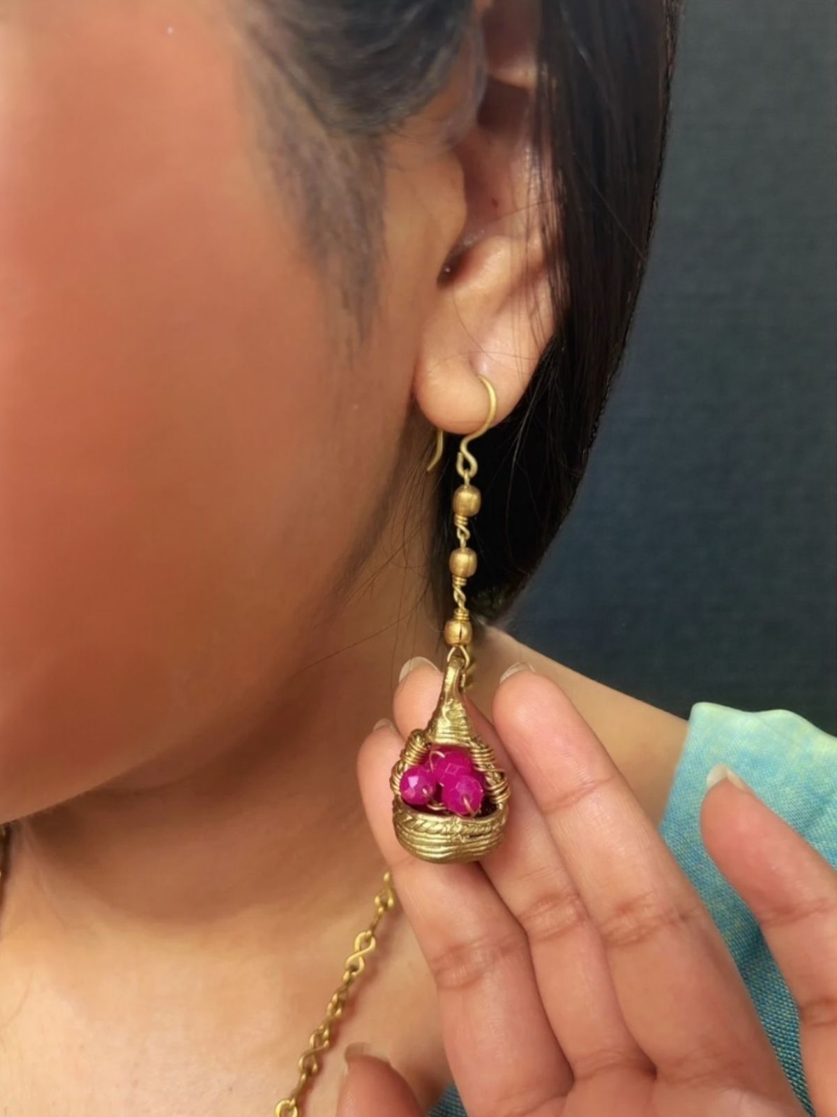 Pink Grapes Basket Dokra Crystal and Brass Dangler Earrings