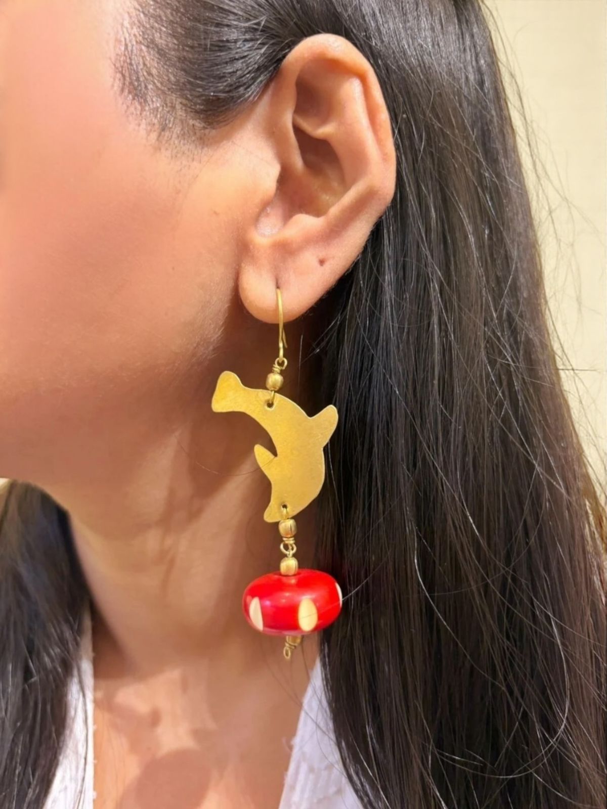 Dolphin Red Beaded Brass Dangler Earrings