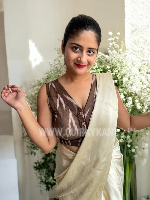 WonderNaari Sleeveless Ikkat Print Cotton Blouse- Brown