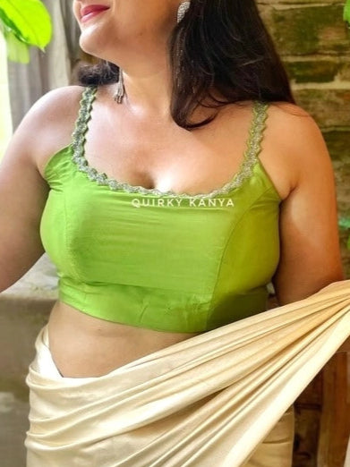 Zigzag Sequins Cotton Silk Blouse - Lime Green