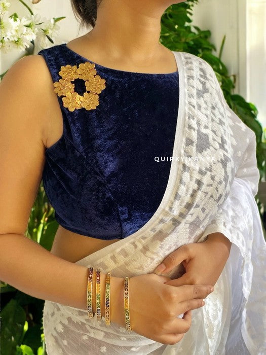 Blue Diva Velvet Designer Blouse - Navy Blue