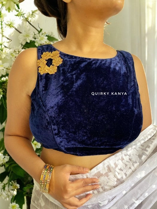 Blue Diva Velvet Designer Blouse - Navy Blue