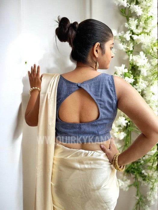 Denim Daze Crochet Flower Sleeveless Cotton Blouse - Blue