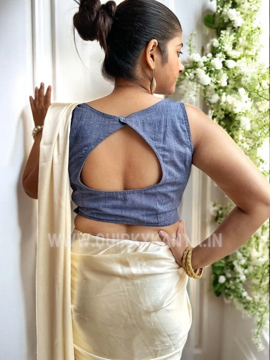 Denim Daze Crochet Flower Sleeveless Cotton Blouse - Blue