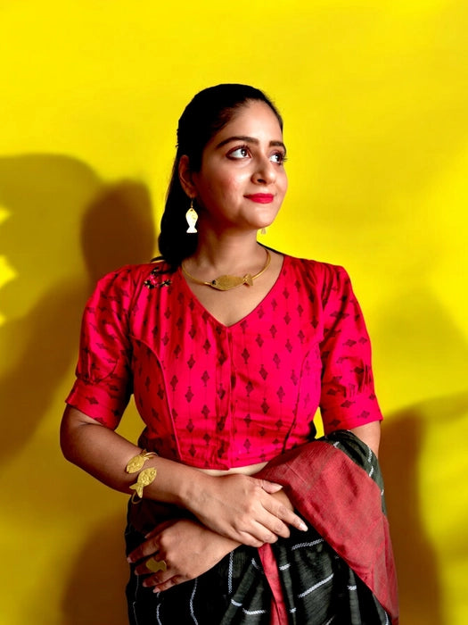 Cat & Fish Story Embroidered Blouse - Red