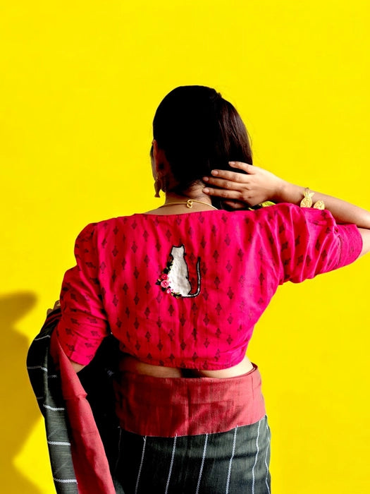Cat & Fish Story Embroidered Blouse - Red