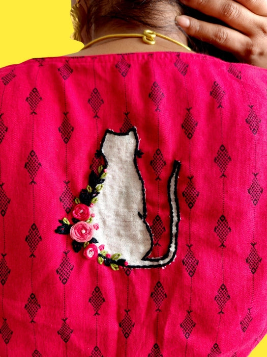 Cat & Fish Story Embroidered Blouse - Red