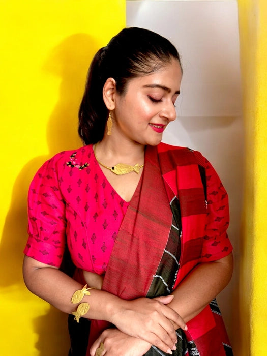 Cat & Fish Story Embroidered Blouse - Red
