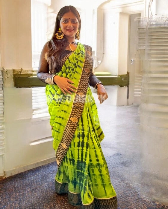 Green Goddess Chanderi Silk Shibori-print Saree