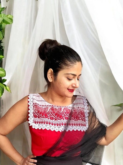 Happy Japi Assam Gamchha Sleeveless Cotton Blouse - Red