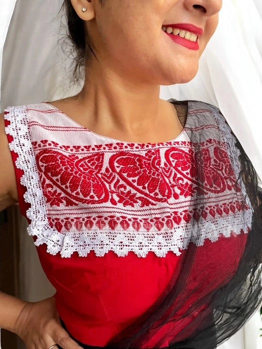 Happy Japi Assam Gamchha Sleeveless Cotton Blouse - Red