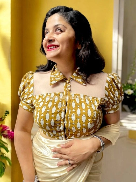 Isabella Dabu Print Cotton Blouse- Mustard