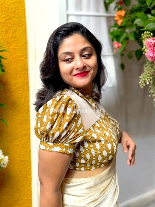 Isabella Dabu Print Cotton Blouse- Mustard