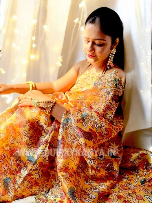 Kadambari Digital Print on Organza with Cutwork Border