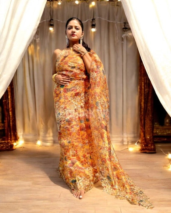 Kadambari Digital Print on Organza with Cutwork Border