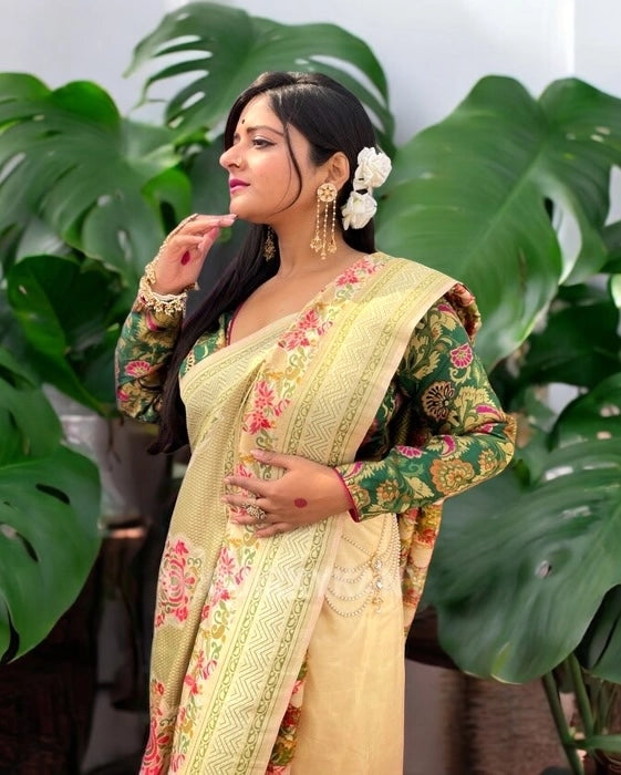 Manjari Pashmina Benarasi Saree - Cream