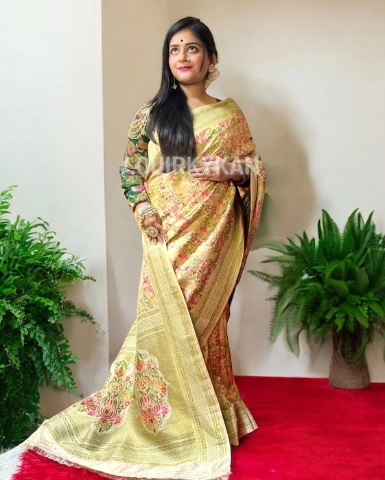 Manjari Pashmina Benarasi Saree - Cream