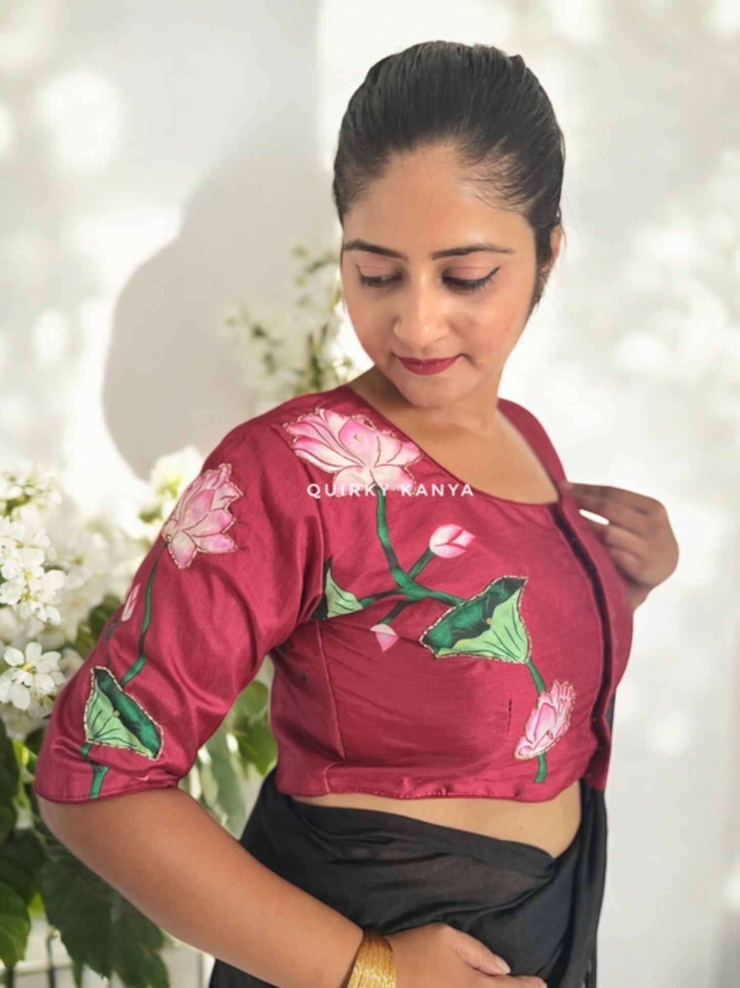 Neerja Pichwai Lotus Art Silk Blouse- Maroon