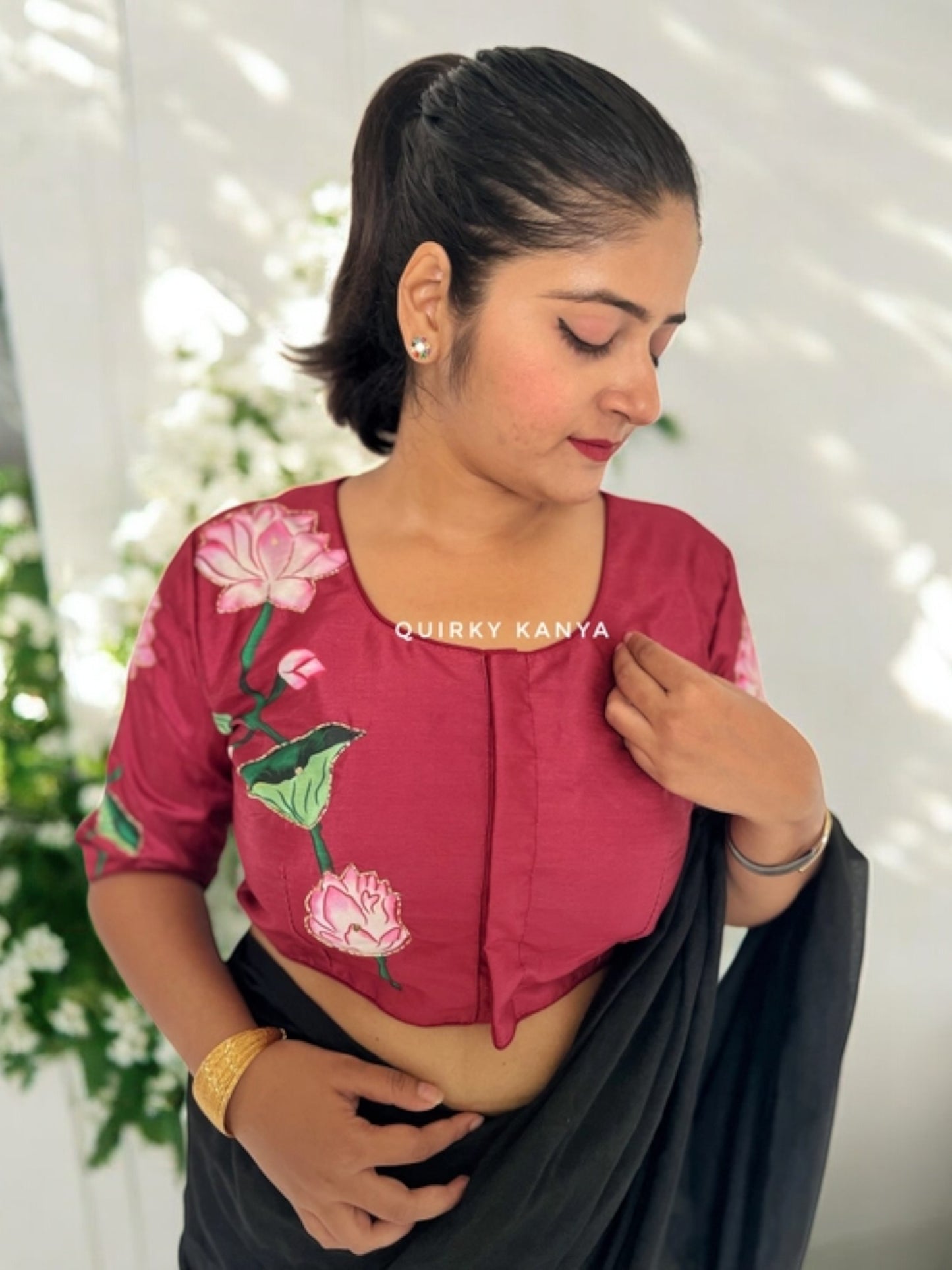 Neerja Pichwai Lotus Art Silk Blouse- Maroon