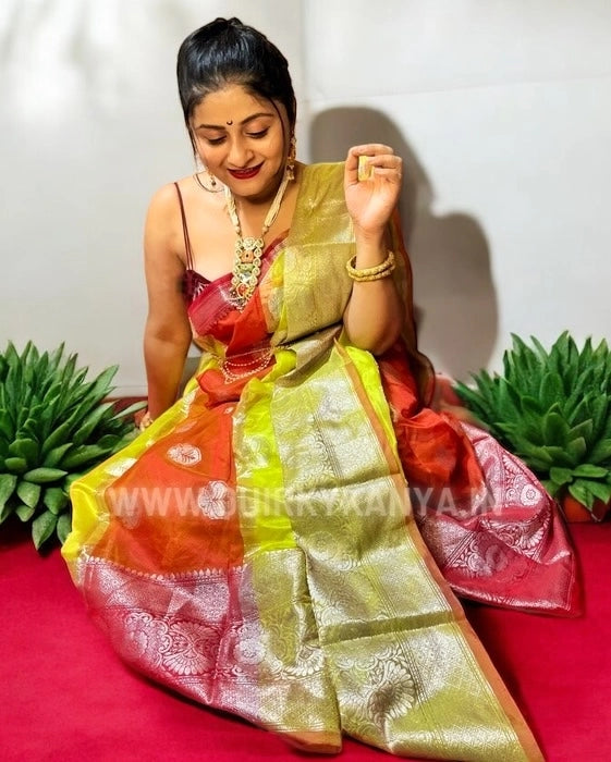 Patralekha Organza Benarasi Saree - Neon Green