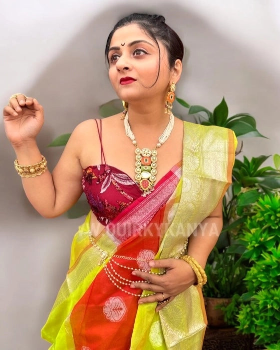 Patralekha Organza Benarasi Saree - Neon Green