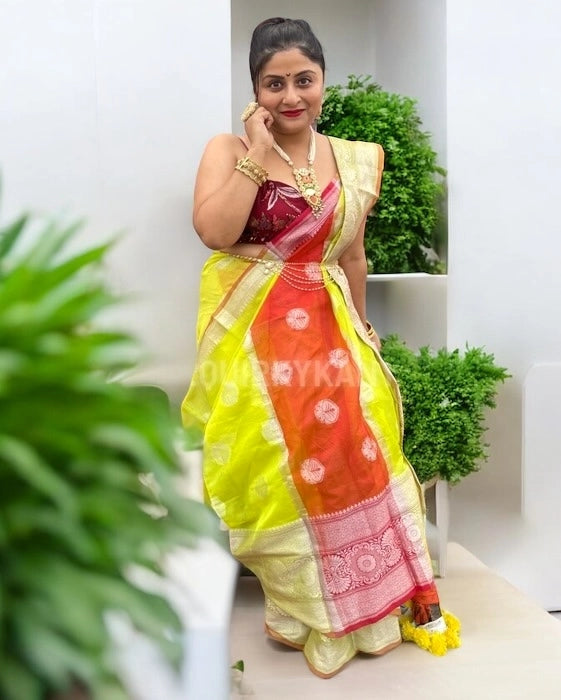 Patralekha Organza Benarasi Saree - Neon Green