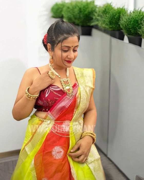 Patralekha Organza Benarasi Saree - Neon Green