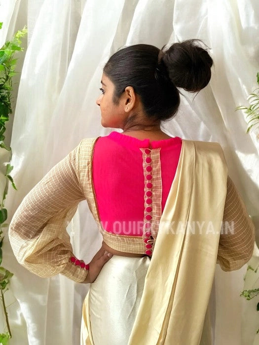 Pink Patakha Full Sleeves Cotton Kota Blouse - Beige