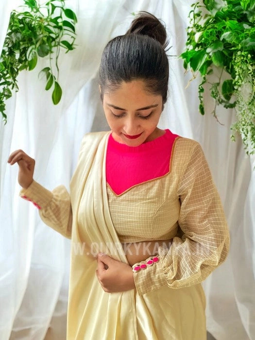 Pink Patakha Full Sleeves Cotton Kota Blouse - Beige