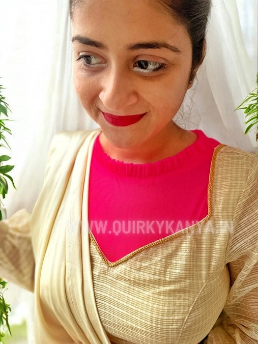 Pink Patakha Full Sleeves Cotton Kota Blouse - Beige