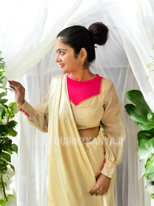 Pink Patakha Full Sleeves Cotton Kota Blouse - Beige