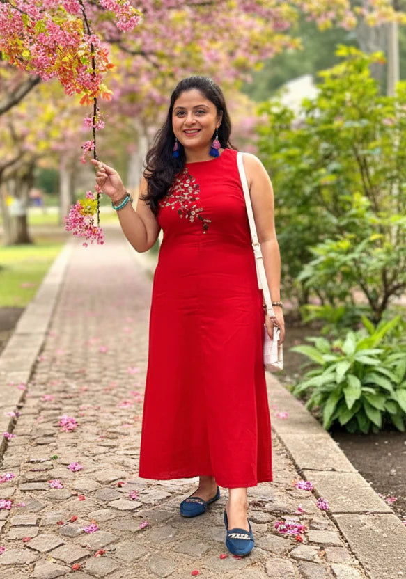 Ishani Hand-Embroidered Cotton Midi Dress - Red