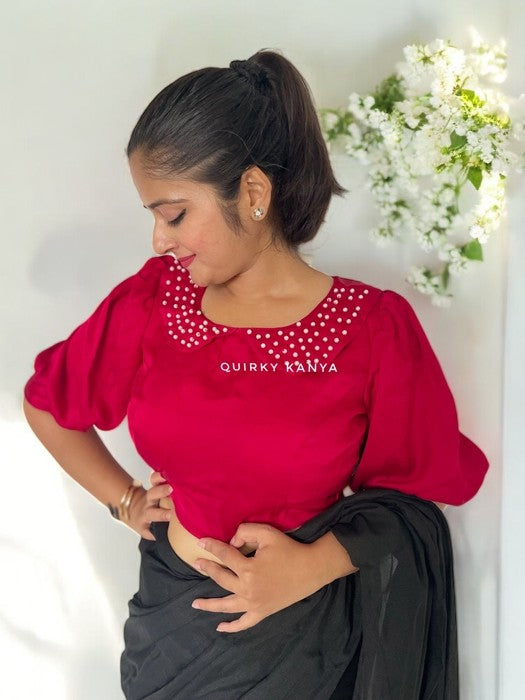 Roselle Crepe Pearl Collar Blouse - Dark Red