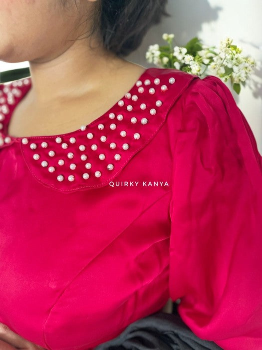 Roselle Crepe Pearl Collar Blouse - Dark Red