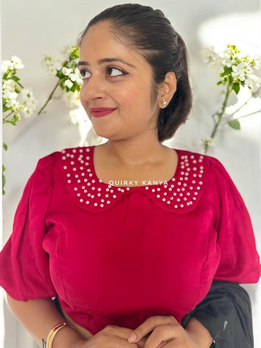 Roselle Crepe Pearl Collar Blouse - Dark Red