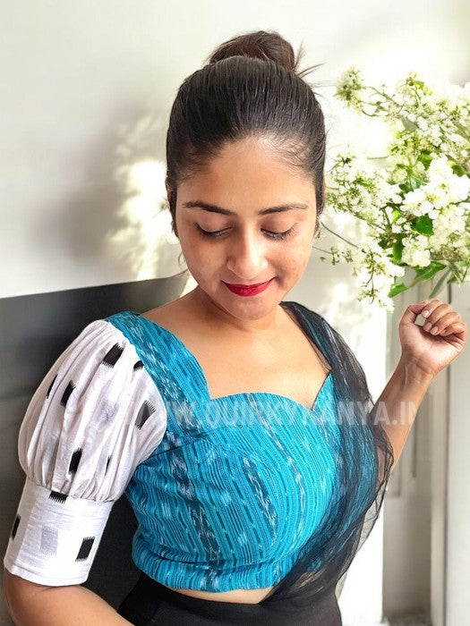 Santorini Puff Sleeves Ikkat Cotton Blouse - Aqua