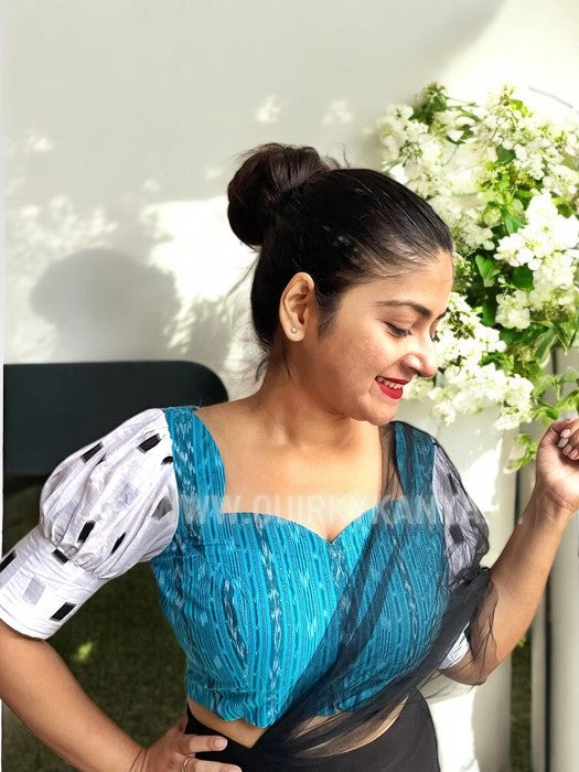 Santorini Puff Sleeves Ikkat Cotton Blouse - Aqua