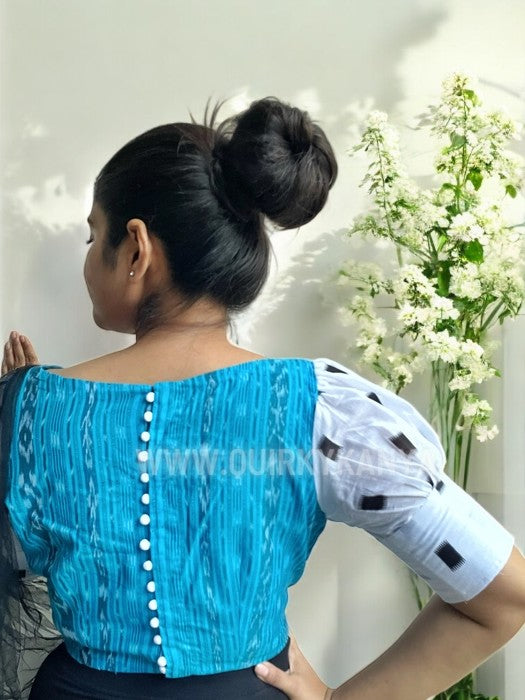 Santorini Puff Sleeves Ikkat Cotton Blouse - Aqua