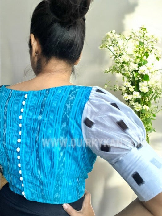 Santorini Puff Sleeves Ikkat Cotton Blouse - Aqua