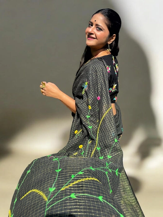 Floral Tictactoe Embroidered Black Cotton Kota Saree