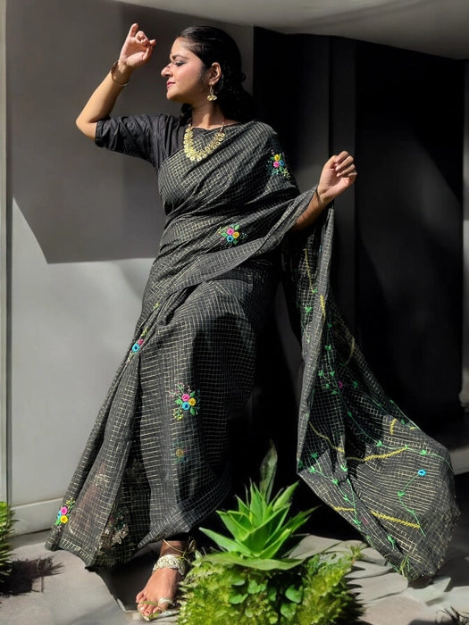 Floral Tictactoe Embroidered Black Cotton Kota Saree