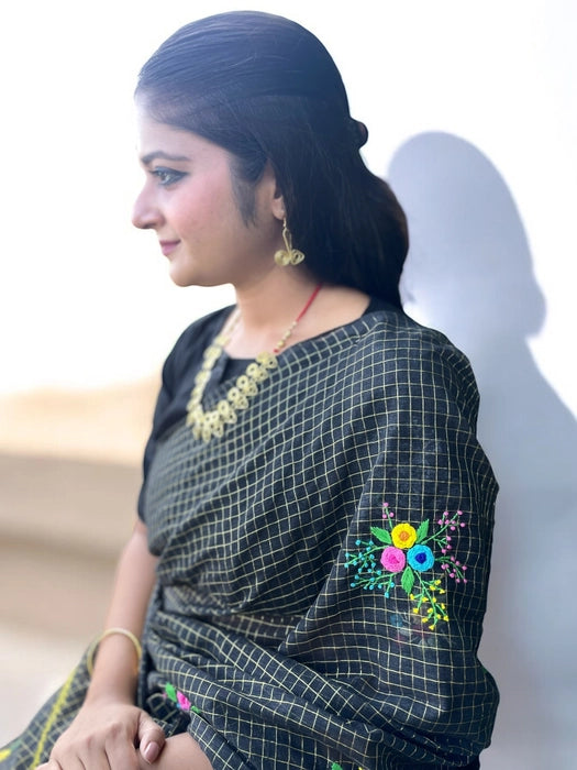 Floral Tictactoe Embroidered Black Cotton Kota Saree