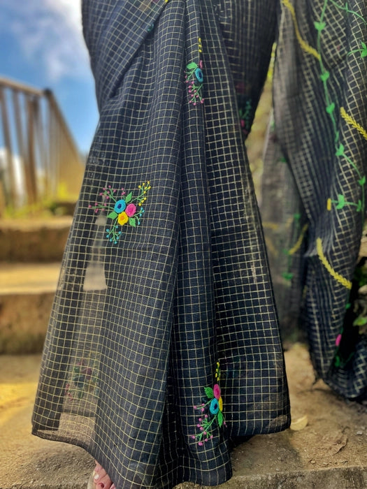 Floral Tictactoe Embroidered Black Cotton Kota Saree