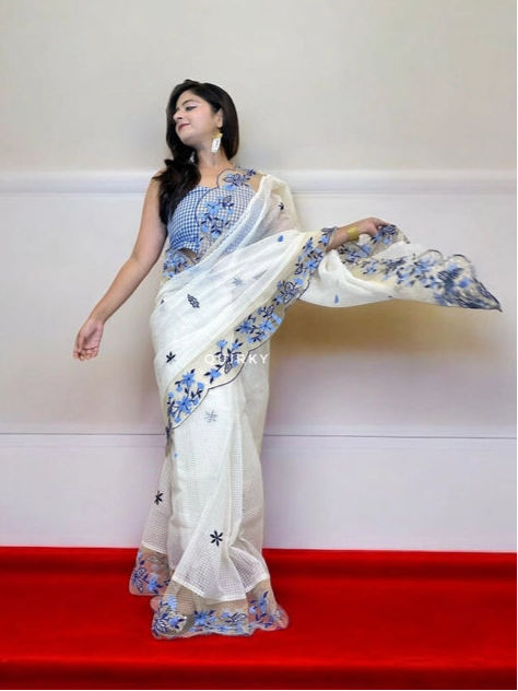 Urvashi White Cotton Kota with Embroidered Border Saree